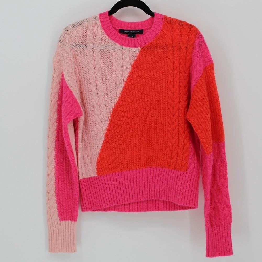 French Connection $118 Med Pink Orange Colorblock Cable Knit Wool Blend Sweater